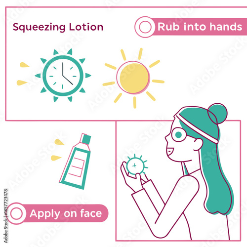Sunscreen application steps woman applying lotion vector