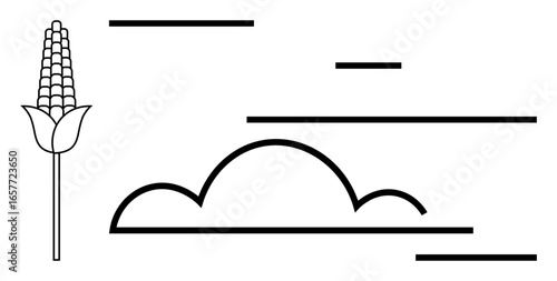Corn stalk next to minimal cloud outline and horizontal lines suggesting movement or wind. Ideal for agriculture, nature, farming, minimal art, eco-friendly concepts, sustainability, simple landing