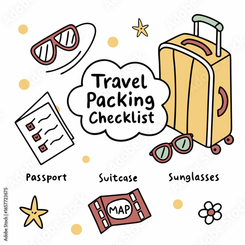 Travel packing essentials with checklist suitcase passport