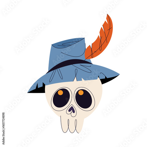 Vector skull wear hut. Dead skeleton head with headwear. Pirate or death, gothic symbol. Spooky or gothic element for Halloween party. Grim reaper or roger bone icon. Creepy cranium with feather.
