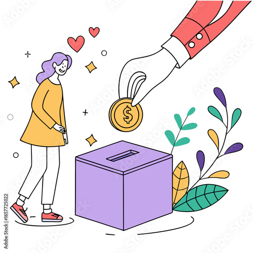 Woman donating coin to donation box giving charity