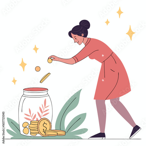 Woman dropping coins into jar with plants pink dress