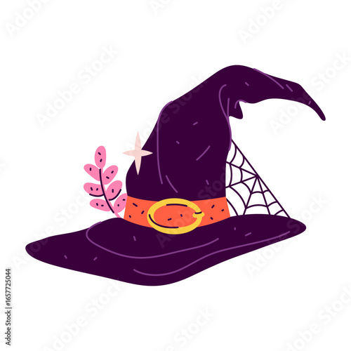 Wizard or sorcerer hat. Halloween costume headgear. Apparel or clothing element for folklore cosplay or magic party. Spellcaster or enchanter, witch or warlock, magician, conjurer accessory. Fairytale