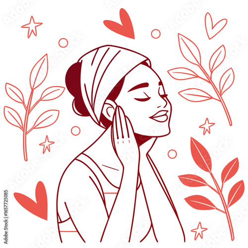 Woman enjoying skincare routine with botanical elements