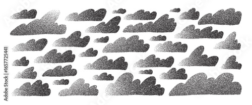 Noise texture clouds set. Naive sky grainy pack. Kids charcoal halftone elements. Scribble cloudy weather speech bubbles. Vector collection illustration isolated on white background.