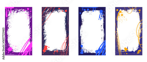 Urban grunge spray background frames set for social media. Graffiti templates with airbrush lines and flecks. Ink and paint punk decor for photo. colorful textured overlay. Vector illustration.