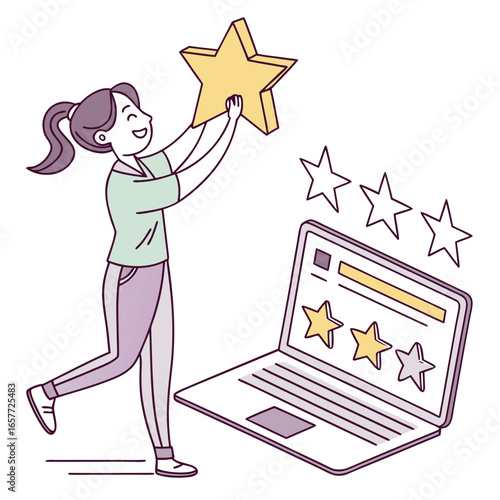 Woman holding star near laptop rating review