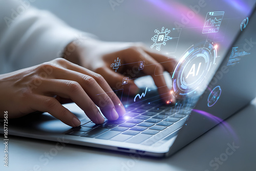 Modern workspace with laptop and glowing holographic AI icons, symbolizing innovation, business technology, and advanced machine learning systems.