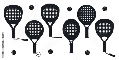 Set of padel tennis rackets and balls. Sport equipment silhouette pack. Team paddle rackets badges for club elements. Vector simple flat collection illustration isolated on white background.