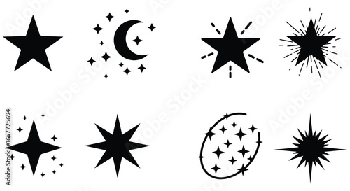 Collection of various star and celestial body shapes in black silhouette