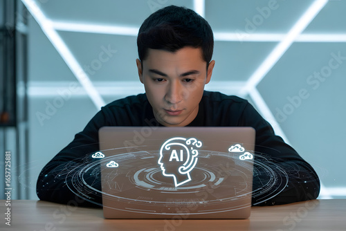 Modern workspace with laptop and glowing holographic AI icons, symbolizing innovation, business technology, and advanced machine learning systems.