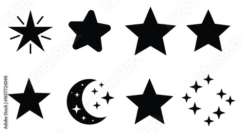 Collection of various star and moon shapes in black silhouette on white background