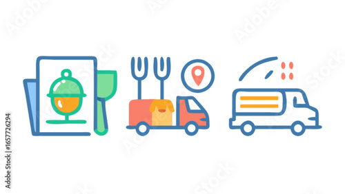 Food delivery service restaurant menu order online truck fast shipping mobile app vector illustration