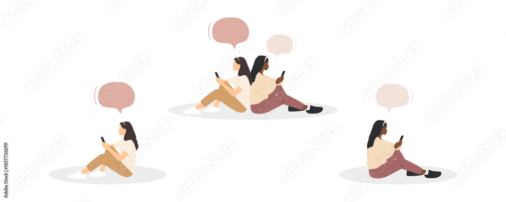 Women sitting, looking at their phones. Women sitting, looking at their phones.