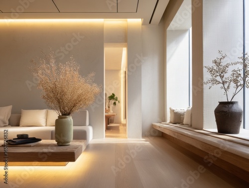 A spacious living room with a white couch, a coffee table, and a vase filled with dried flowers on it. The room is well-lit and has a modern, minimalist design. There are two potted plants in the room