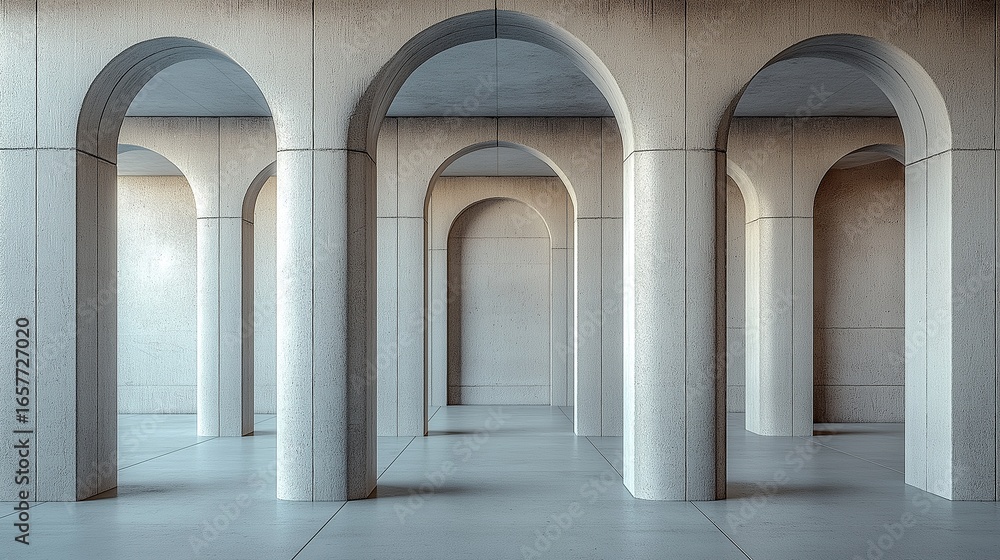 Fototapeta premium Empty concrete room with long columns showcasing modern architectural interior design concept