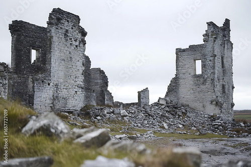 A historic castle crumbling with parts of its walls and towers reduced to rubble 