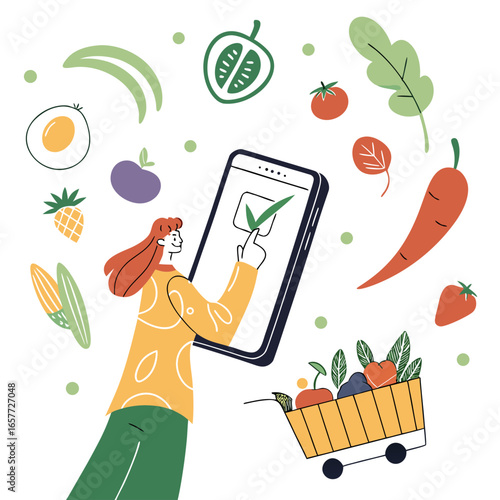 Woman ordering groceries on mobile phone food