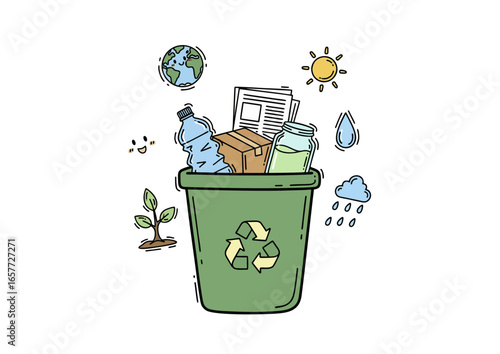 Cute recycling bin doodle with various trash