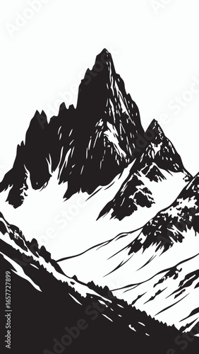 A black and white illustration shows a snow-capped mountain range.
