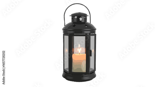  black metal lantern with bright burning candle isolated on transparent background