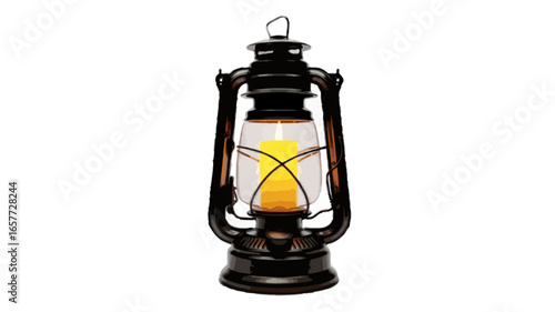  black metal lantern with bright burning candle isolated on transparent background