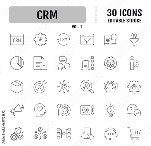Customer Relationship Management Line Editable Icons set.  Containing data analysis, marketing, and more. Vector illustration