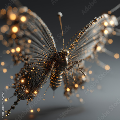 A metallic butterfly with glowing lights on its wings against a dark gray gradient background close up view