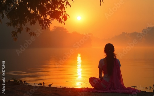 Chhath Puja background. Ancient Sandhya arghya day. Lady near the river to worship Surya, the sun god and his sister Chhathi Maiya. High quality