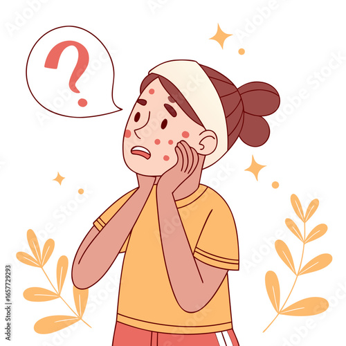 Worried girl with acne and question mark pimples skin care