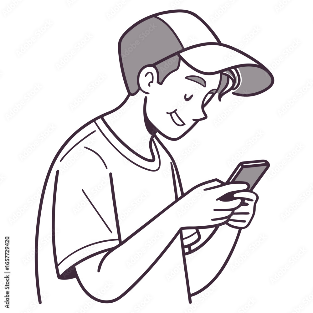 Obraz premium Young man in baseball cap using smartphone mobile phone