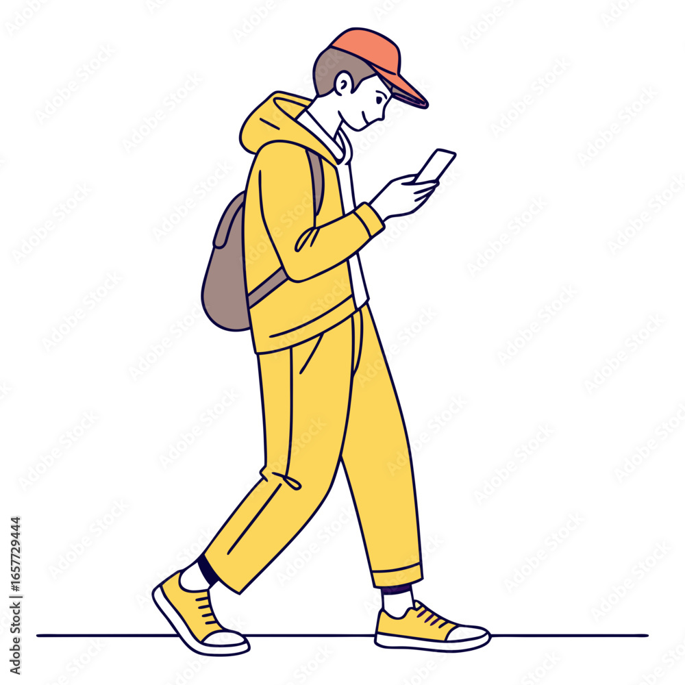 Fototapeta premium Young man in yellow outfit with backpack and phone
