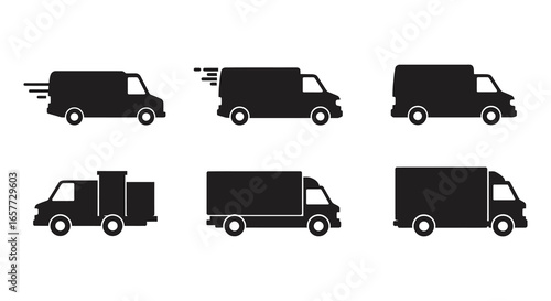 Collection of various delivery trucks and vans in silhouette