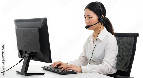 Wallpaper Mural Asian Woman Working at Computer with Headset White Background. Torontodigital.ca