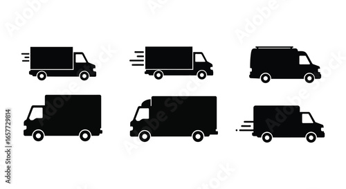 A set of black silhouettes of various delivery trucks and vans in motion