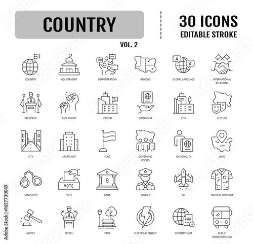Country Line Editable Icons set. Containing territory, nation, government, and more. Vector illustration