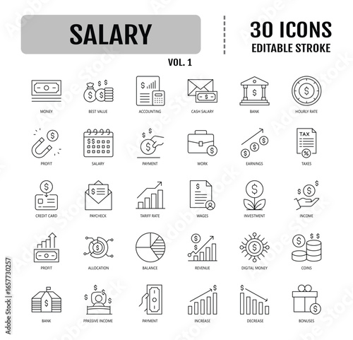 Salary Line Editable Icons set. Containing taxes, accounting, cash, and more. Vector illustration