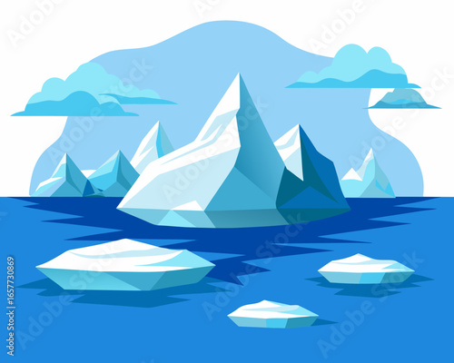 Abstract geometric icebergs floating in blue ocean water with clouds
