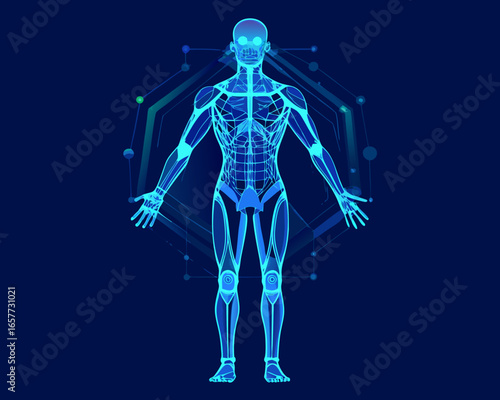 Futuristic human anatomy with digital network overlay