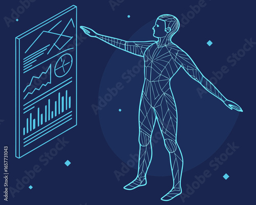 Futuristic human interacting with holographic data analytics interface