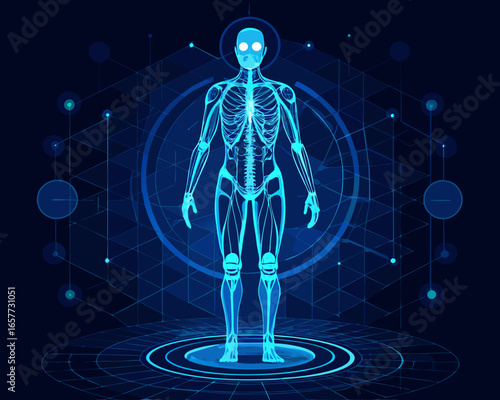 Futuristic human anatomy scan with digital network overlay