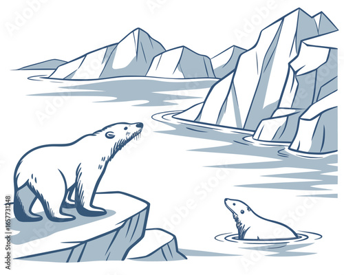 Polar bear on ice floe watches seal in arctic water with icebergs