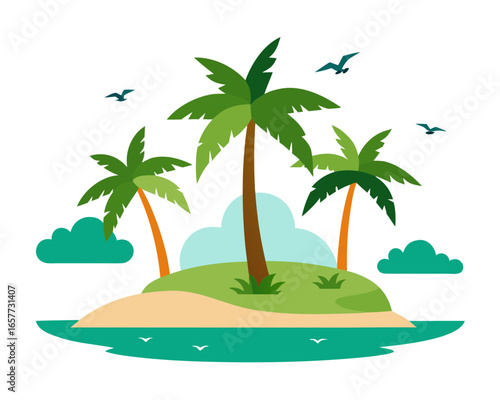 Tropical island paradise with palm trees and ocean birds