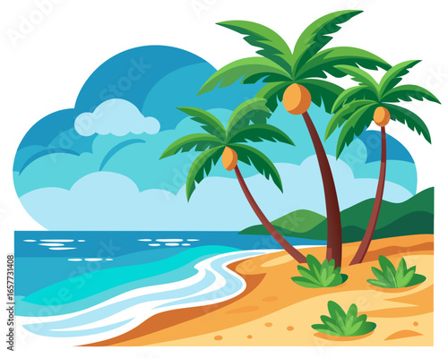 Tropical beach scene with palm trees and turquoise ocean waves