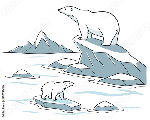 Two polar bears on ice floes with icy mountains in the background