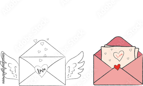 A whimsical illustration shows a pink envelope with wings, carrying a love letter with hearts