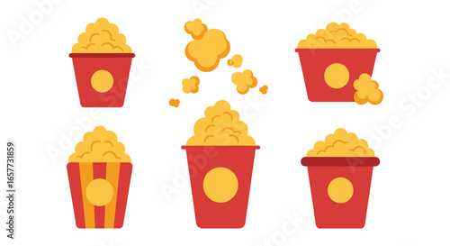 A collection of red cartoon popcorn buckets with yellow popcorn silhouette