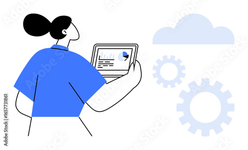Person viewing analytics on a tablet, with cloud and gear elements symbolizing technology, innovation, and productivity. Ideal for data analysis, digital workflow, cloud technology, teamwork