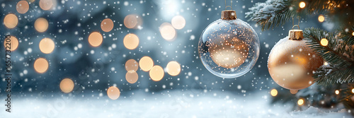 Snow-covered Christmas tree balls hanging on a branch close-up on a blurred background with bokeh effect and snowfall. Christmas background