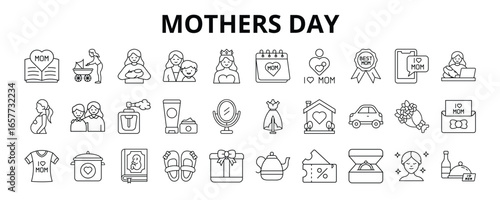 30 Mothers Day Line Icons Vector - I Love Mom, Parfum, Cosmetic, Best Mom Award, Sweet Home, Gift Box, Jewelry Gift, Shopping Voucher 